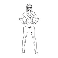 Fashion illustration of a stylish businesswoman in a modern suit. Black and white line art sketch of a confident woman in a blazer and skirt for a coloring page.
