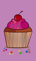 cupcake with cherry and pink frosting illustration