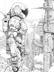 Awesome Robot in the future city. Futuristic cyborg coloring page book for kids and everyone.