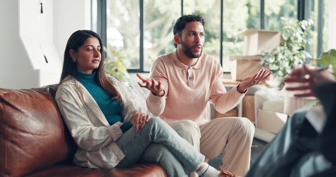 Couple, realtor and conversation in new home for problem, moving dispute or eviction. Real estate agent, man and woman with consultation, rent conflict and property foreclosure with mortgage crisis