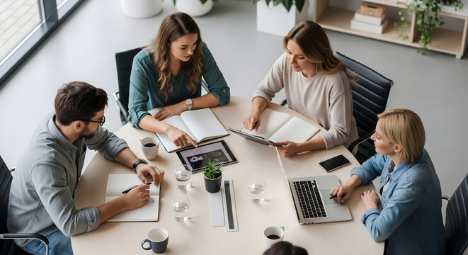 man and woman collaborating with team on digital project using charts documents and computer during meeting in office workspace work and office life business activity photo