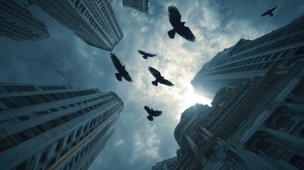 Business and career development growth with birds soaring over modern city skyscrapers