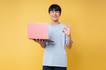 Smiling youth holding a pink laptop giving an 'okay' hand gesture against a yellow backdrop