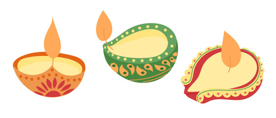 Set of colorful Diwali oil lamps with flames in traditional decorative style. Festival of lights concept symbolizing positivity, celebration and Indian culture