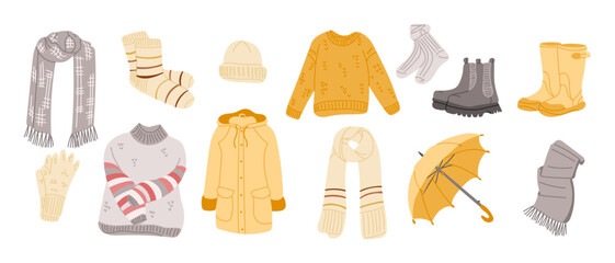 Collection of cozy fall and winter clothing items including sweaters, scarves, boots, and umbrella in hand drawn style. Concept of cold weather fashion, seasonal comfort and layered outfits © Olena