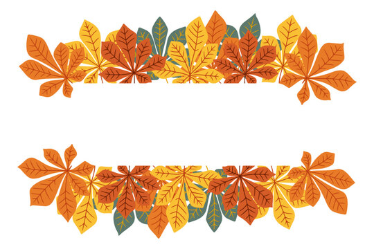 Horizontal banner with autumn chestnut leaves in warm colors framing the top and bottom in hand drawn style. Concept of seasonal decoration, fall nature and copy space for text or message