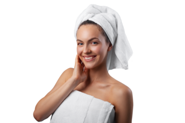 Smiling young woman applying facial cream under her eyes, wrapped in a white towel with a towel turban on her head. PNG with transparency	