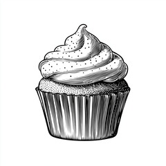 Vintage cupcake with frosting on white background in black and white  