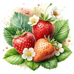 Watercolor Whole and Halved Strawberry with Blossoms and Leaves on White Background