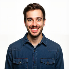 Obraz premium Young man smiling while standing against a white background 