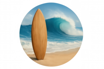 Wooden surfboard resting against sandy shoreline, crashing ocean wave framed transparently, highlighting surfing adventure concept