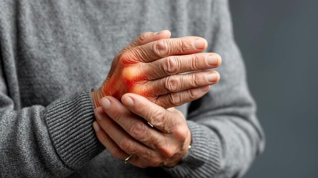 Rheumatoid and arthritis concept ,elderly hand pain arthritis swollen joint inflamed knuckle wrinkled skin gray sweater close up