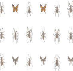 A seamless vector collection of various insects, including a bee, spider, and butterfly, in black silhouette white background.




