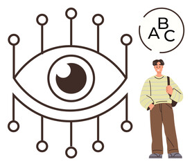 Eye linked to digital nodes representing technology and vision, man with bag standing nearby, and circular alphabet graphic. Ideal for technology, vision, education, connection, cyber, perspective
