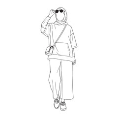 Minimalist line art illustration of a stylish modern woman wearing a hijab. Muslim street style fashion concept with hoodie and sunglasses.
