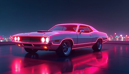 Retro Classic Car Rendered in Glowing Futuristic Neon Colorful Palette