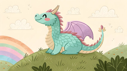 A Pastel Green Fluffy Dragon with Lavender Wings Sitting on a Hill Before a Rainbow and Clouds image