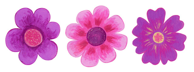 Artistic pink and violet three flowers painted with acrylic paints.