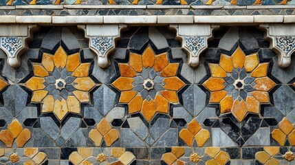 Intricate mosaic tile wall with geometric floral patterns in orange, gray, and white.