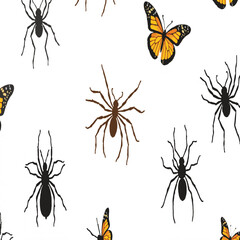 A seamless vector collection of various insects, including a bee, spider, and butterfly, in black silhouette white background.





