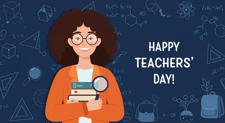 Happy Teacher s Day Woman with Books and Magnifying Glass teache