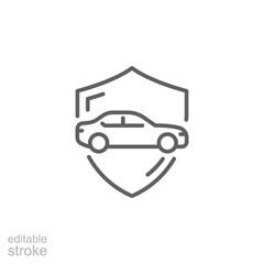 Shield and car icon. Simple outline style. Safety, protect, safe, secure, vehicle, auto, transport, insurance concept. Thin line symbol. Isolated design editable stroke.
