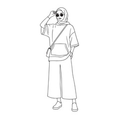 Minimalist line art illustration of a stylish modern woman wearing a hijab. Muslim street style fashion concept with hoodie and sunglasses.
