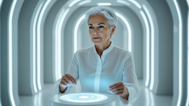 Senior Woman Interacting with Holographic Interface