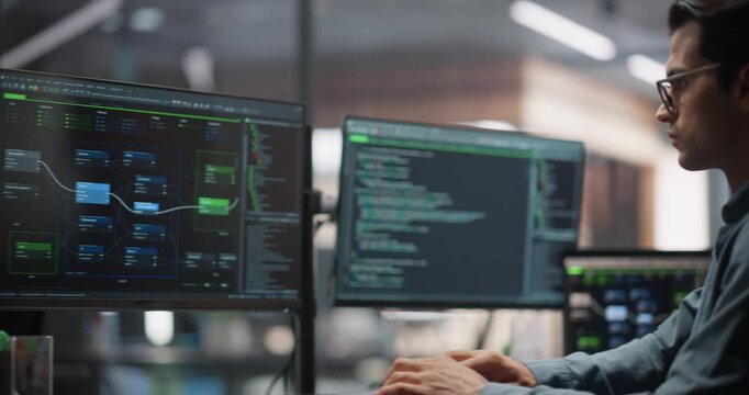 Male and Female IT Specialists and Software Developers Work on Computers in a High-Tech Data Center Office, Writing Code, Analyzing Real-Time Network Data and Monitoring Server Performance