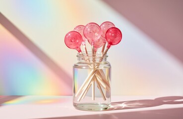 Red candy lollipop in glass jar with water. Sweet round dessert in vase on pink background with rainbow light.