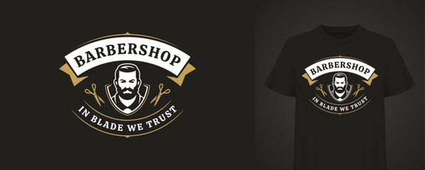 Classic barber shop logo featuring a stylish gentleman with a beard, scissors, and a vintage-inspired design. Logo includes a bold typography and a catchy phrase. Vector illustration