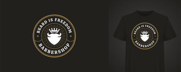 Stylish logo for a barbershop featuring a beard and crown, surrounded by text in vintage style. Design is printed on a black t-shirt, creating a fashionable and eye-catching look. Vector illustration