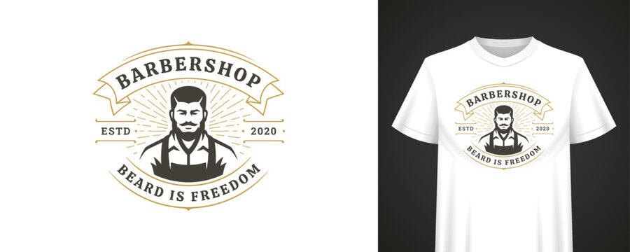 Vintage emblem design with bold typography, bearded barber portrait, established year detail and classic layout for apparel branding and merchandise. Vector illustration