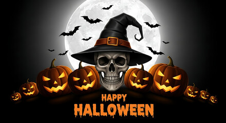 Spooky halloween night scene with skull wearing a witch hat surrounded by carved pumpkins and bats flying in front of a full moon