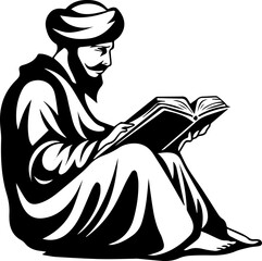 Wise scholar in traditional attire engrossed in ancient book, seeking knowledge