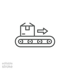 Conveyor belt icon. Simple outline style. Conveyor belt with box, manufacturing, production, warehouse, package, industry, factory concept. Thin line symbol. Isolated design editable stroke.