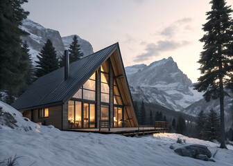 Cozy a frame cabin nestled in a snowy mountain landscape at dusk