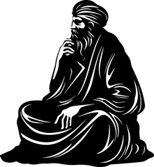 Wise ancient philosopher contemplating deep thoughts, seated in thoughtful meditation pose