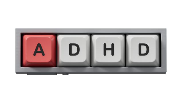 Attention deficit hyperactivity disorder. Text abbreviation on Computer keyboard keys.close up of Computer keyboard keys,Business Concept.Supports PNG files with transparent backgrounds.