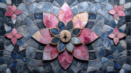 Intricate pink and blue mosaic floral pattern.