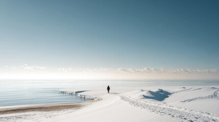 A serene winter scene with a person walking towards the ocean, evoking a sense of peace.
