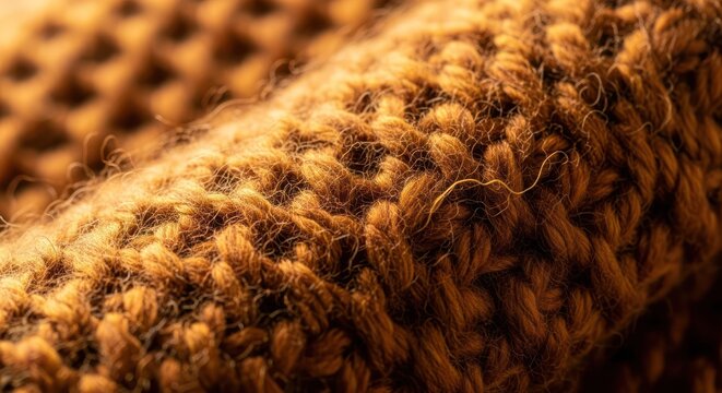 Close-up of cozy brown knitted wool fabric texture background
