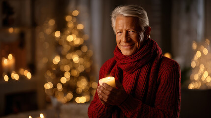 A joyful senior man glows with a lit candle amidst festive Christmas lights and a cozy atmosphere.