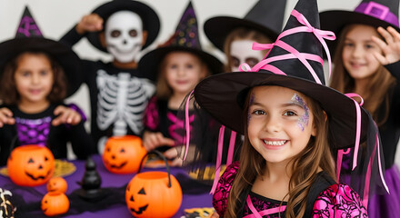 Group of children dressed in halloween costumes with pumpkin buckets ready for trick or treating at a festive party full of spooky fun and excitement