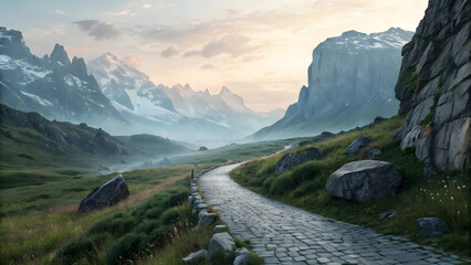Misty Mountain Valley Winding Cobblestone Road Scenic Landscape Grey Stone Path Green Grass Rocks Snowcapped Peaks Sunrise Cloudscape