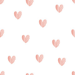 Line red hearts on white background, seamless pattern. Vector illustration with cute red hearts for Valentine's day, fabric, card.