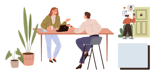 Two coworkers converse with a laptop and coffee at a desk. Another ensures security by locking the door. Ideal for teamwork, workplace, collaboration, privacy, security, decision-making focus. A