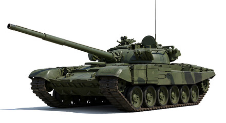 A T-72 main battle tank, painted in green camouflage, isolated on a white background, ready for combat.