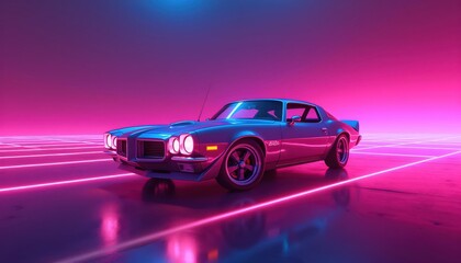 Vaporwave Retro Car Glowing Brightly in Purple and Pink Neon Lights