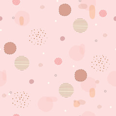 Hand drawn dots, spots and line, polka dots different sizes on pink background. Seamless pattern,vector illustration for wrapping paper, card 